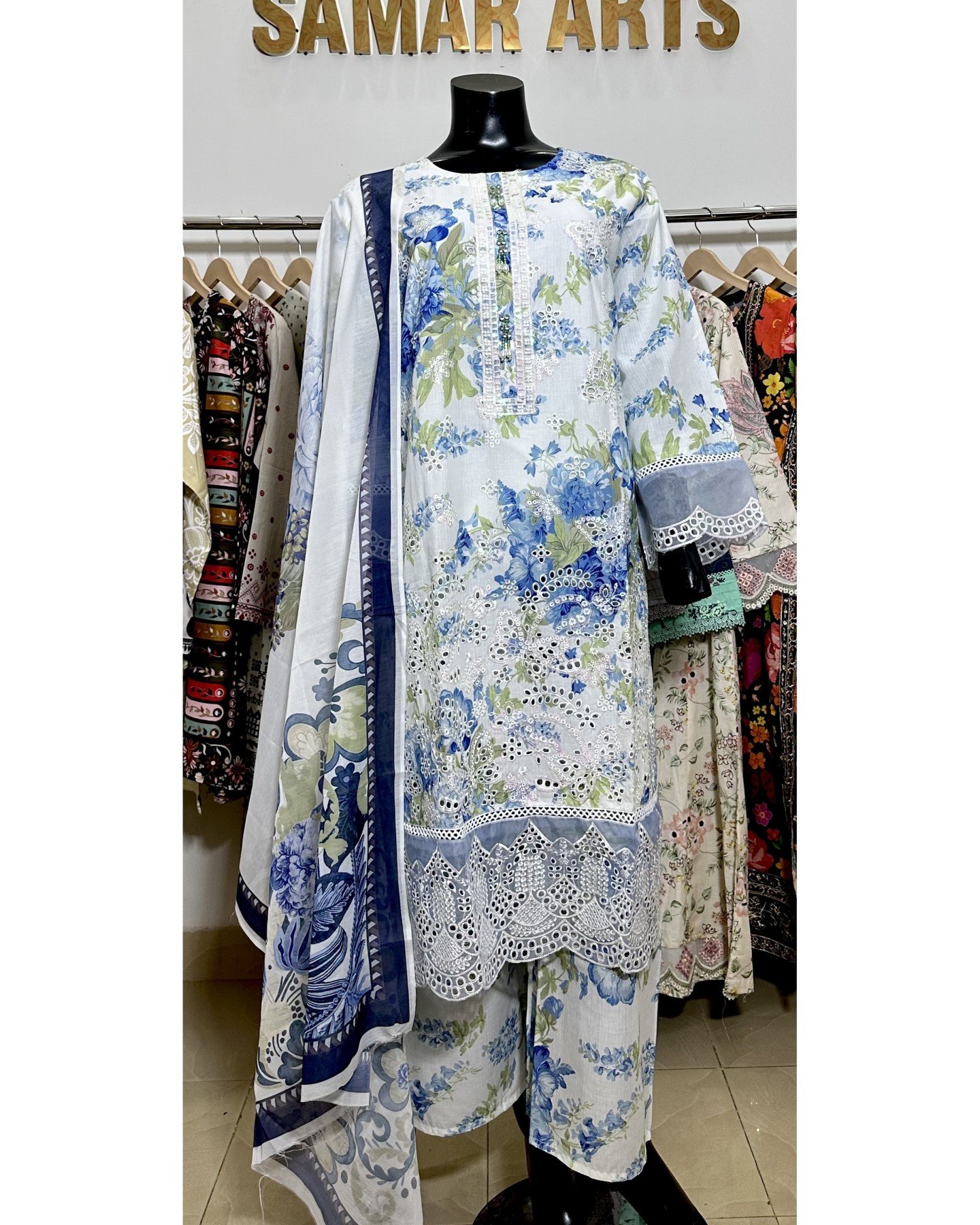 White & Blue Floral Schiffli Embroidered 3Pc Suit