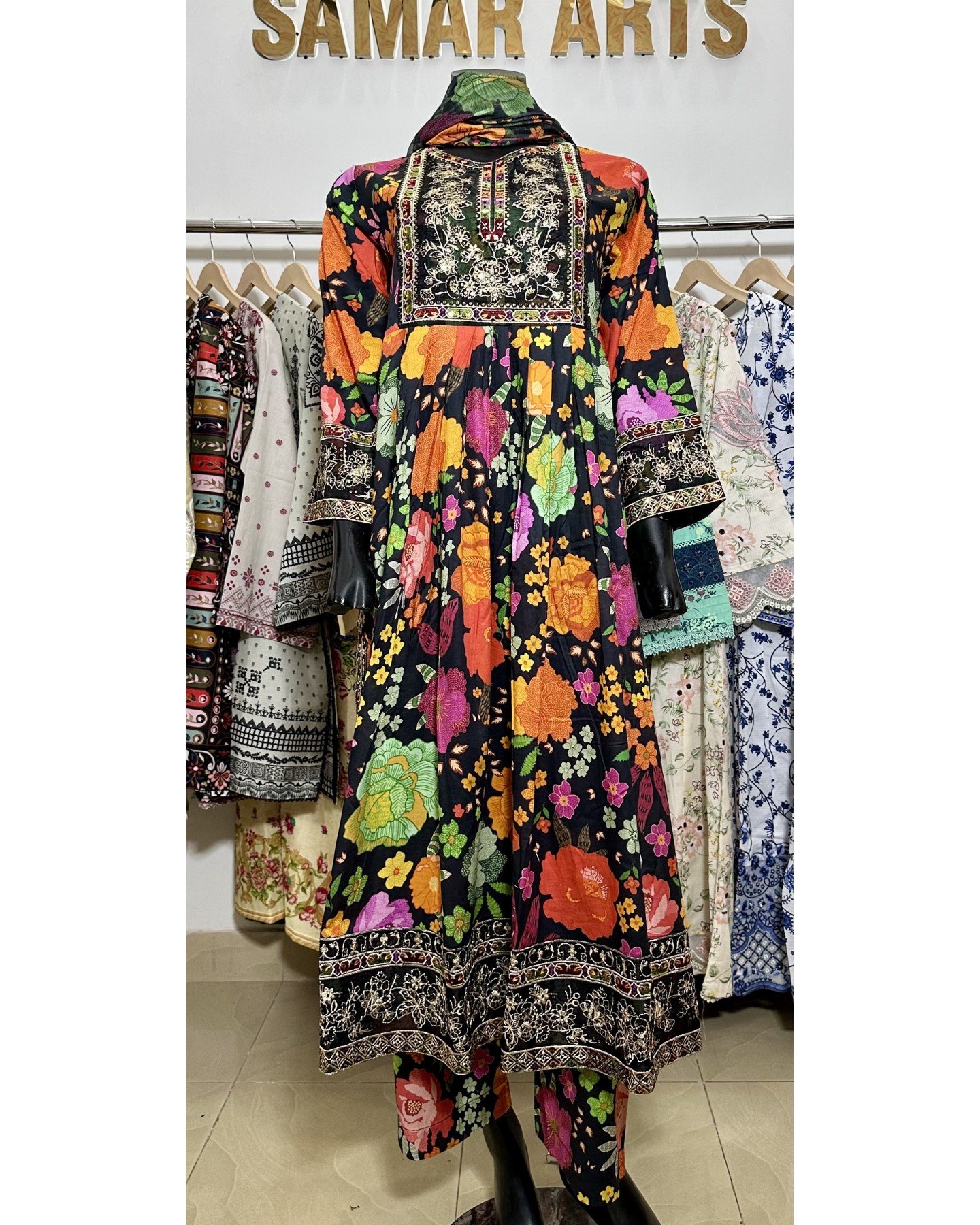 Black Floral Embroidered 3Pc Long Frock