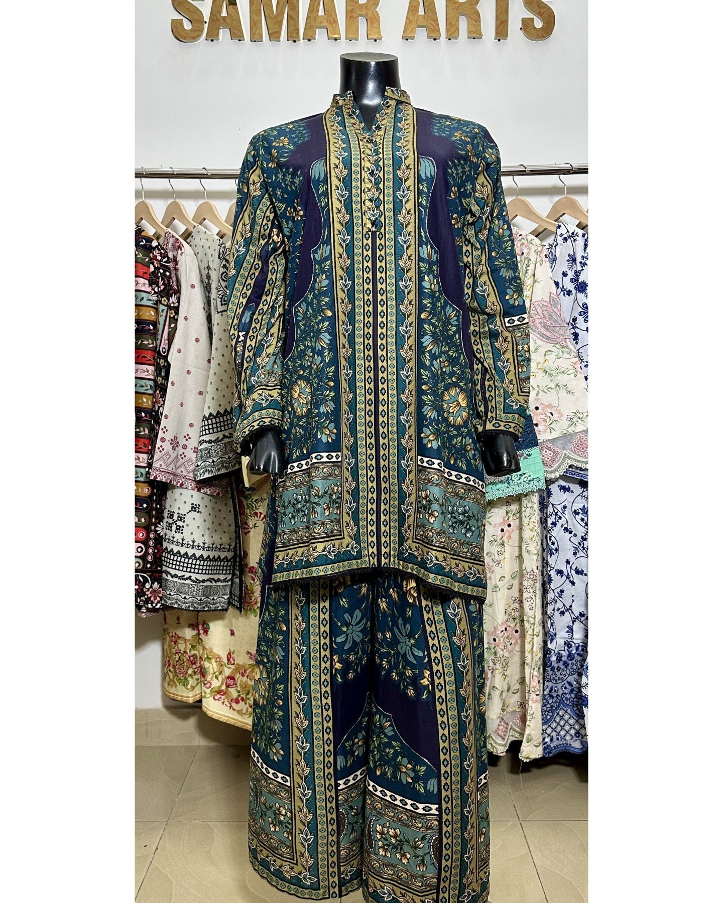 Teal Floral Embroidered 2Pc Cord Set