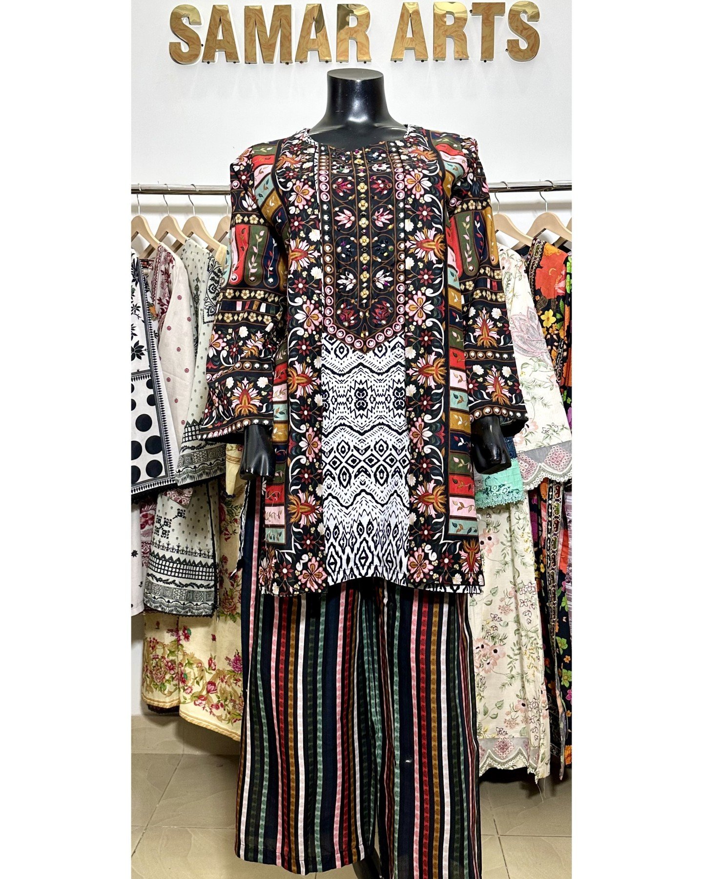 Multicolor Floral Embroidered 2Pc Suit with Striped Trouser
