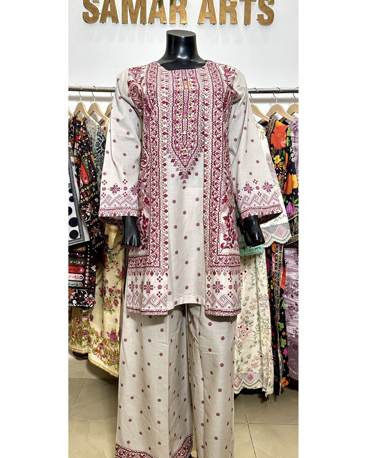 Cream & Maroon Embroidered 2Pc Suit
